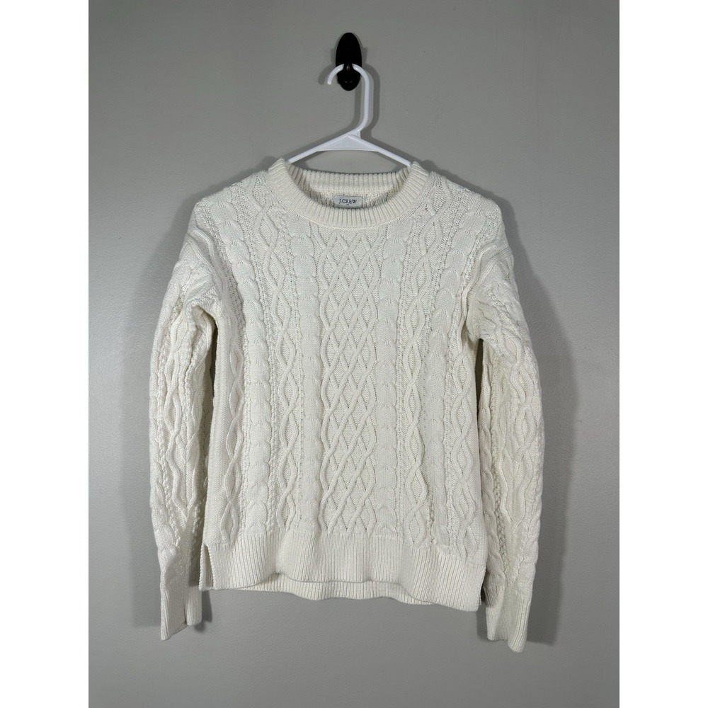 J‎ Crew Factory Sweater Womens XS White Cable Knit Preppy Fisherman Crew Neck